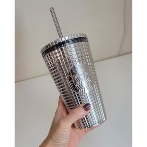Starbucks 2023 Holiday Silver Grid Tumbler 16oz Grande Metallic Bling Cup